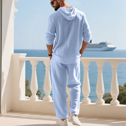 Cross-border Autumn Linen Men's Casual Suit Loose Hooded Henley Shirt Long Sleeve Pants Suit