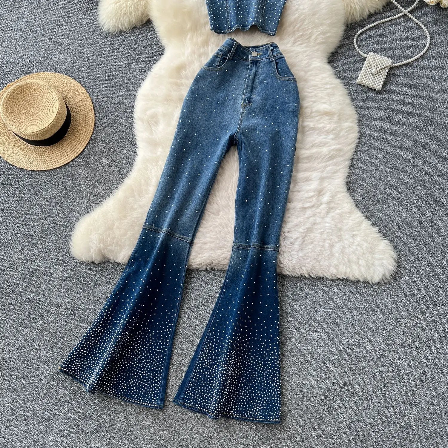 Denim Pant Set Women Two Piece Sets Sexy Matching Sets Sleeveless Short Tops Long Flare Pants High Waist Slim Hot Diamond.