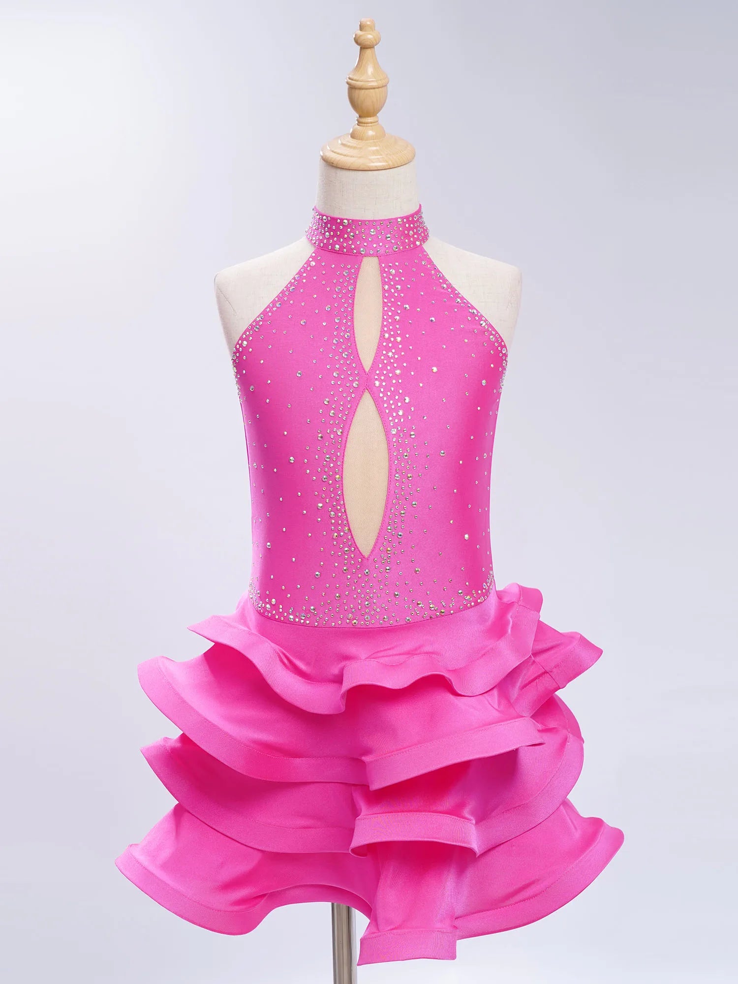 Eiskunstlauf-Kostüm für Teenager-Mädchen, lateinamerikanischer Tanz, Cha-Cha, Tango, Performance-Tanzbekleidung, ärmelloses, gestuftes Kleid mit Strasssteinen.