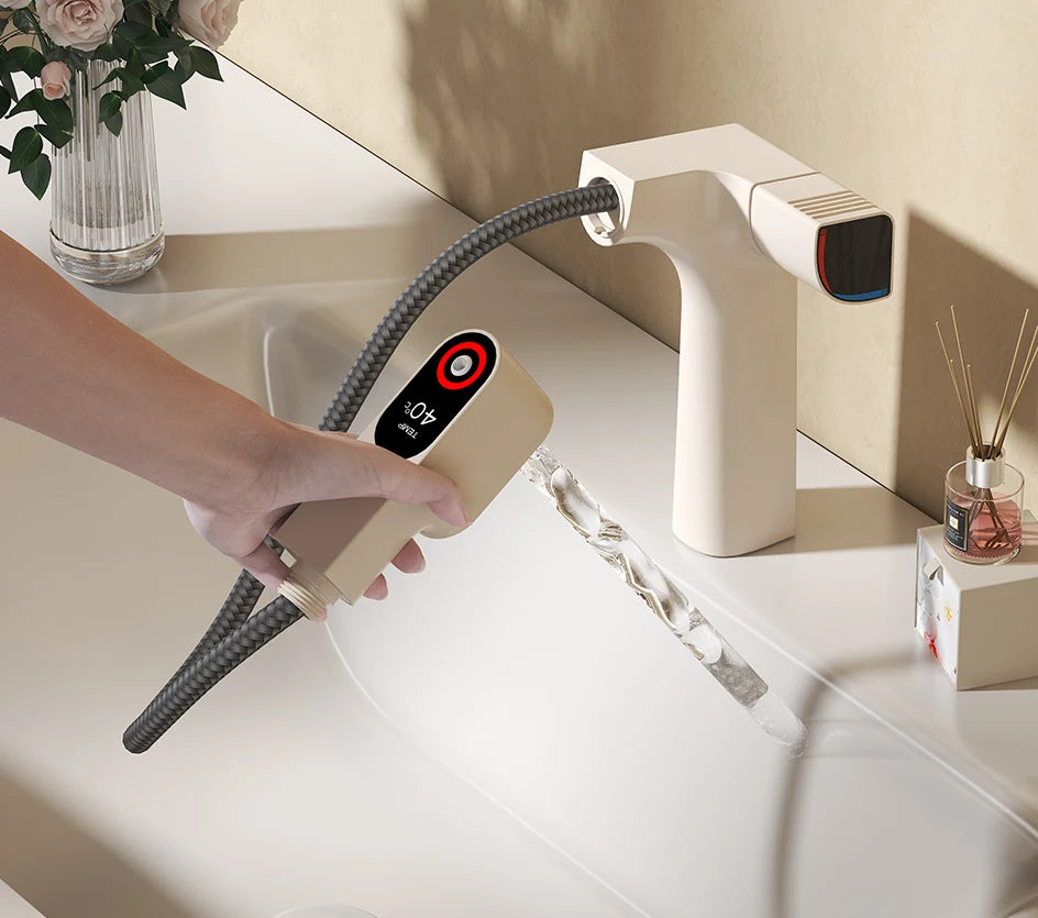 VGX Purified Bathroom Faucets Pull Out Water Filter Tap White Basin Mixer Sink Faucet Gourmet LED Display Brass Tapware Crane