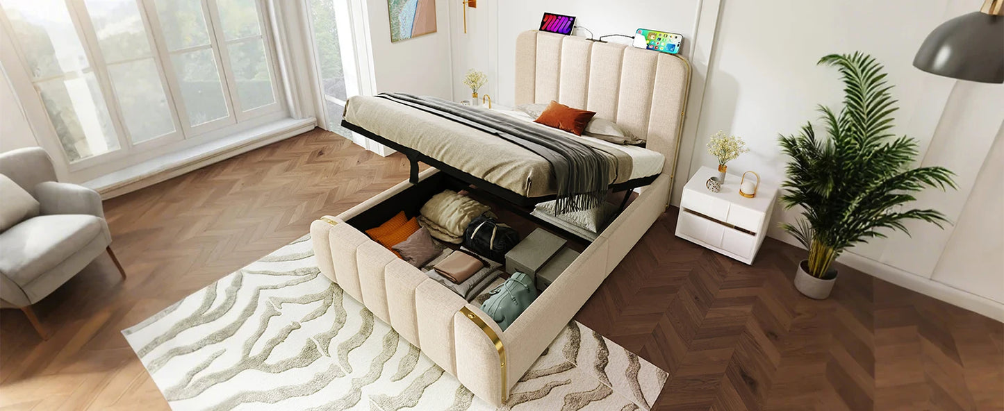90*200 cm Flachbett, Rahmenbett, Polsterbett Einzelbett, mit gepolstertem Kopfteil, hydraulisches Stauraumbett (mit Matratze)
