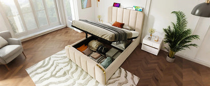 90*200 cm Flachbett, Rahmenbett, Polsterbett Einzelbett, mit gepolstertem Kopfteil, hydraulisches Stauraumbett (mit Matratze)