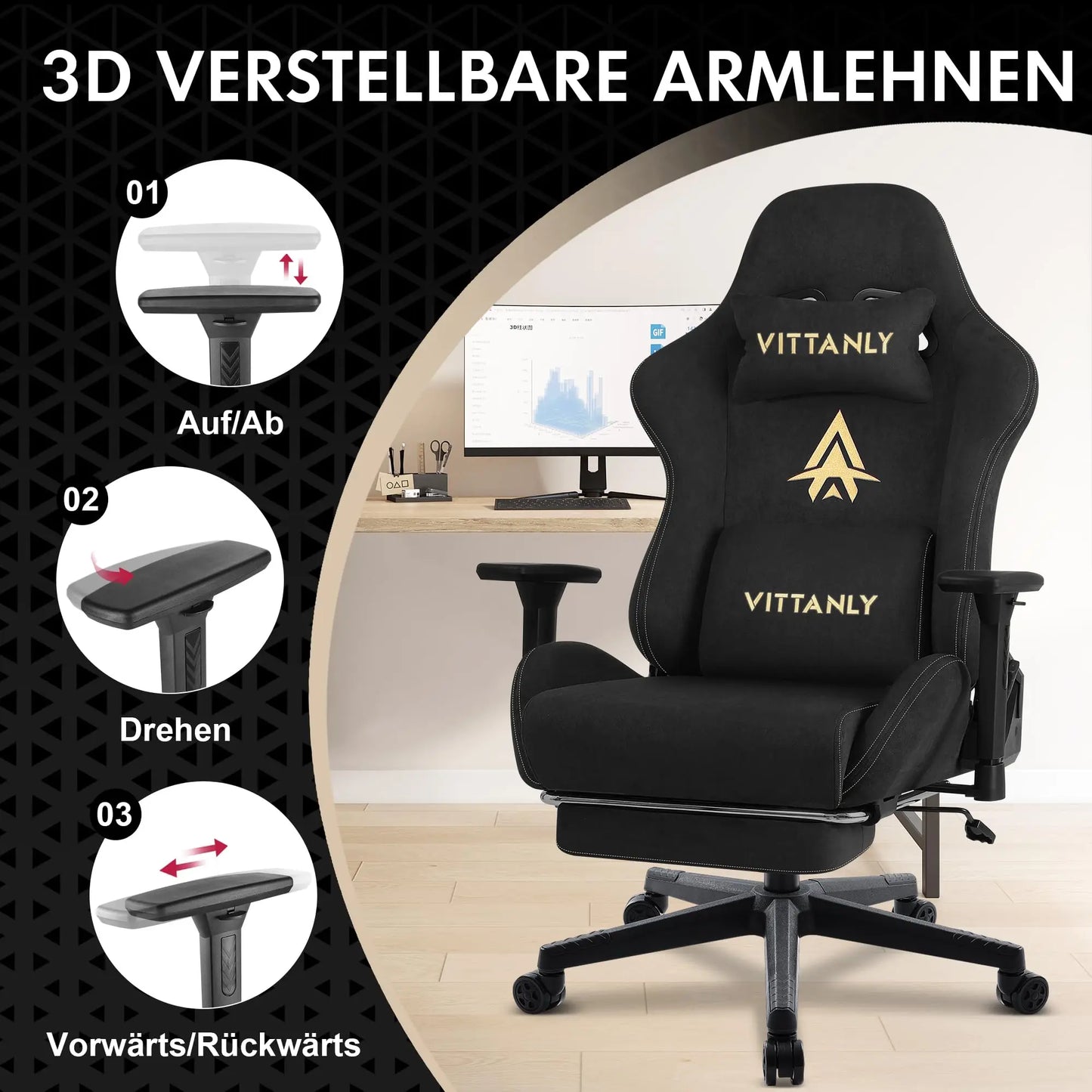 Kitinjoy Hochwertiger Gaming-Stuhl mit Fußstütze, höhenverstellbar, für Unisex, bequemer Bürostuhl, Computerstuhl