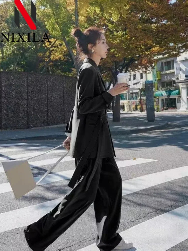 Women's Fashion Office Suit Set Casual Oversized Blazer And Wide Leg Pants Two-Piece Long Sleeve Top Bottoms Combo.