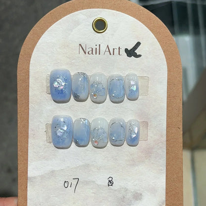 10Pcs Short Handmade Pink Press on Nails Spring French Rhinestone Full Cover Fake Nail Plaid Manicure Wearable Nail Tips Art.