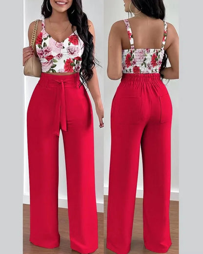 Women Fashion Print Halter V-Neck Short Tank Suit Tops Long Pants Matching Set Summer Casual Female Slim Pants Two Piece Sets.