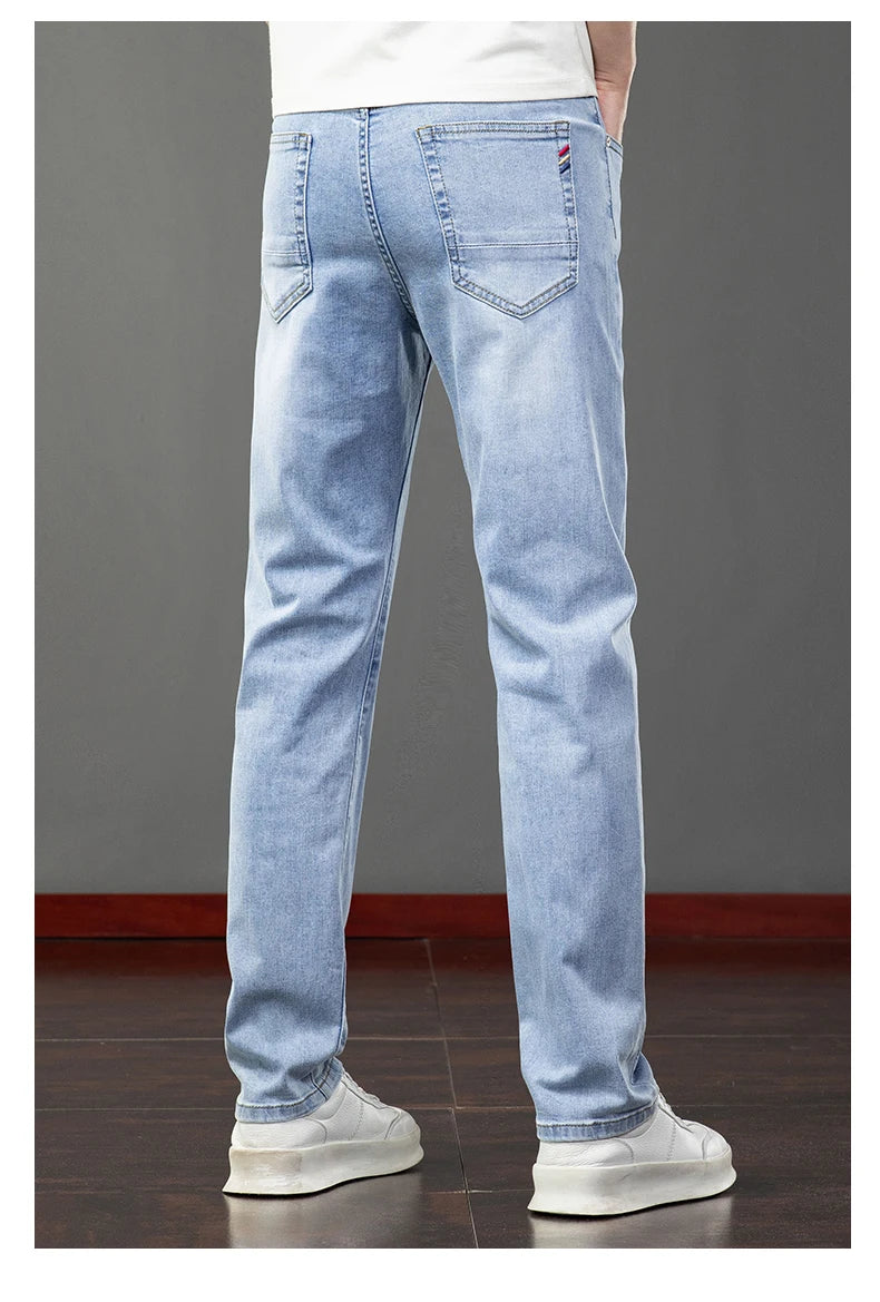Spring Summer Thin Slim Fit Jeans Mens Elastic Straight Casual Business Denim Pants Washed Classic Brand Clothing Men Trousers.
