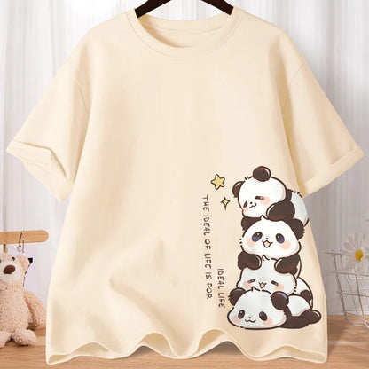 Summer Cartoon Cute Treasure Panda Sweet Printed Short Sleeve T-shirt Women's Loose Leisure Soft Bottom Oversized Shirt Top.
