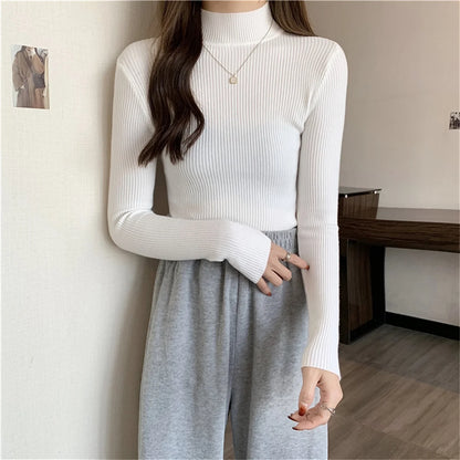 Mode Mock Neck Gestrickte Pullover Frauen Herbst Winter Neue Feste Vintage Grundlegende Tops Koreanische Dünne Rippen Pullover Casual Innere Top.