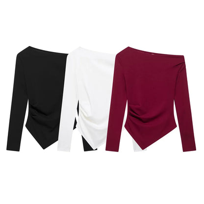 Women's Asymmetric Elastic Top Solid Color Long Sleeve Slant Neck Decoration Spring New Casual Women's Top.