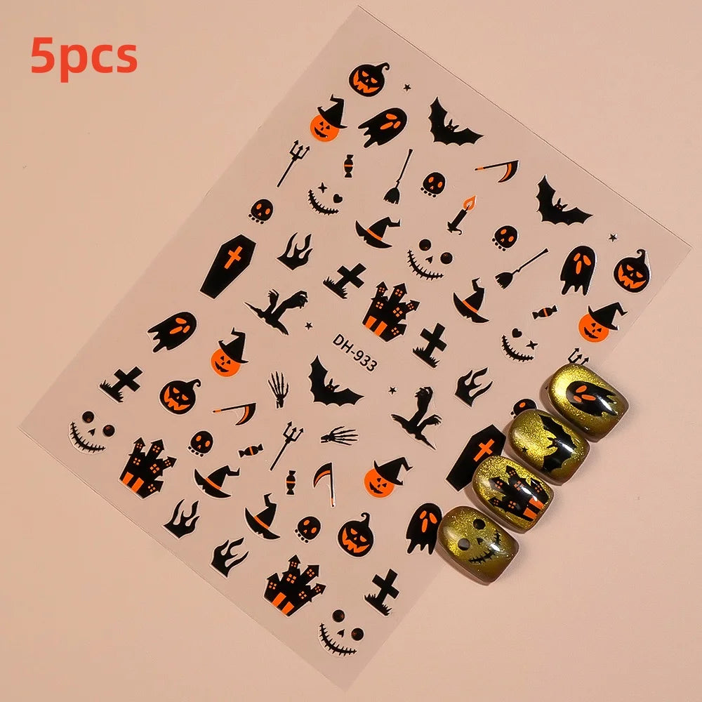 1/5pcs Demon Pumpkin Bat Skull Nail Art Stickers Halloween Dark Style Nail Stickers DIY Self Adhesive Manicure Decoration Decals.