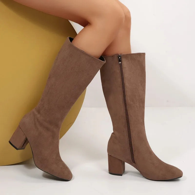 Women Boots Autumn Winter Elastic Slimming Knee-High Boots Fashion Pointed Toe Thick Heel Shoes Woman Side Zipper Casual Botas.