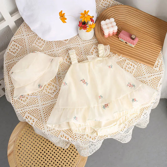 2024 Baby Mädchen Sommer Kleidung Schöne Blumen Hosenträger Body mit Hut Neugeborenen Prinzessin Kleid Infant Outdoor Ein Stück