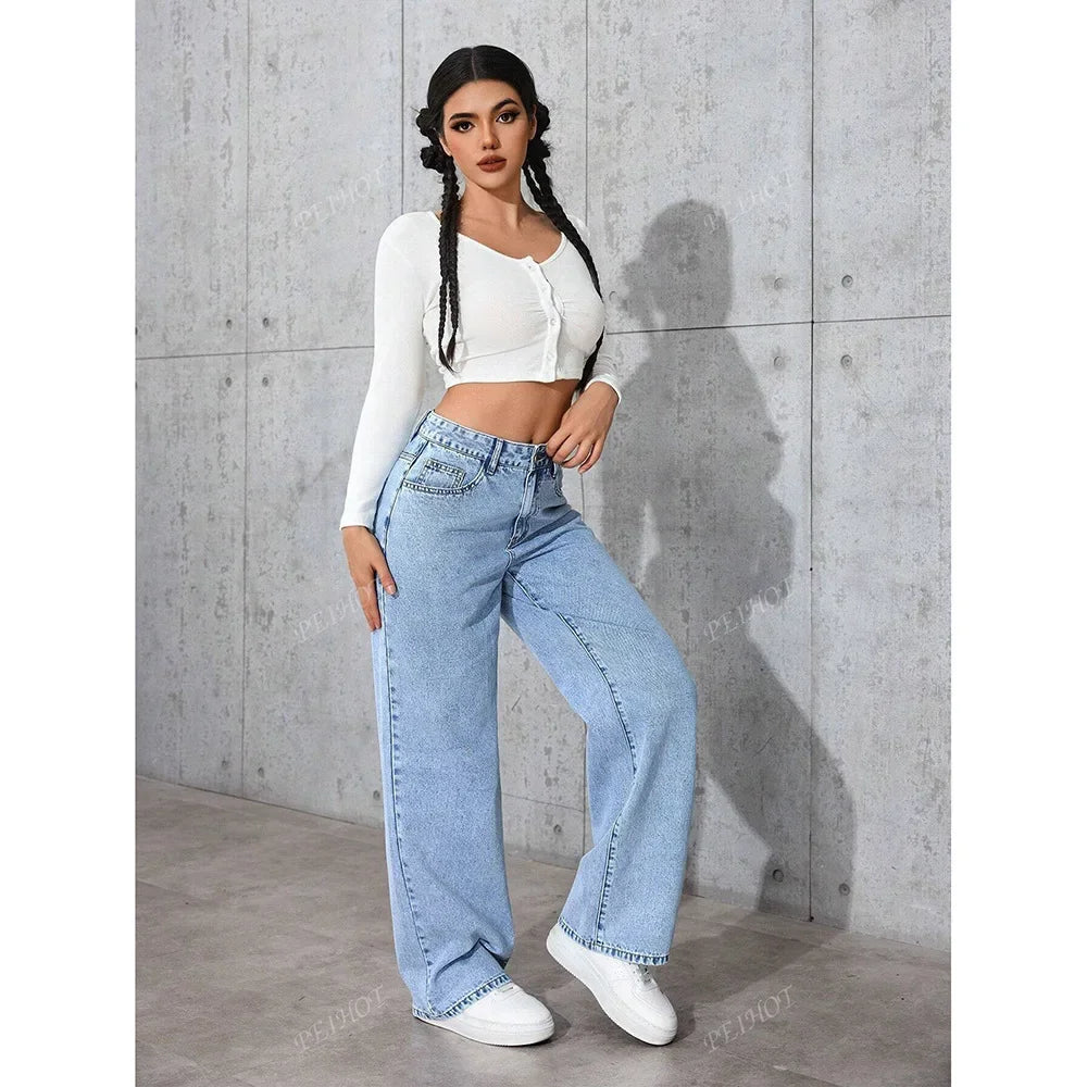 Fashionable Loose Women's Jeans High Waist Straight Leg Summer New Style Printed Trendy Cross-Border Denim Pants.