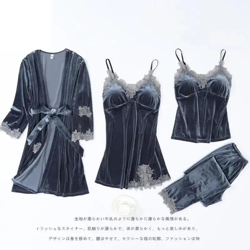 Autumn Velvet Women 4PCS Pajamas Set Sleepwear Burgundy Velour Bathrobe Nightwear Lace Patchwork Pijamas Suit Sexy Negligee