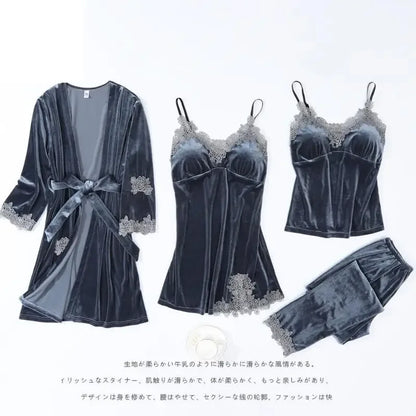 Autumn Velvet Women 4PCS Pajamas Set Sleepwear Burgundy Velour Bathrobe Nightwear Lace Patchwork Pijamas Suit Sexy Negligee