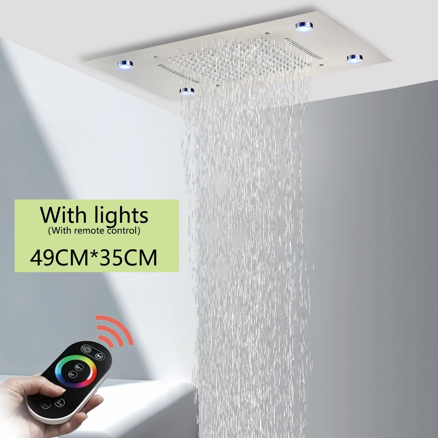Brushed Ceiling Shower Head with LED Lights 36*50cm Large Rainfall Faucet Bathroom Tap Stainless Steel Smart Square Sprayer