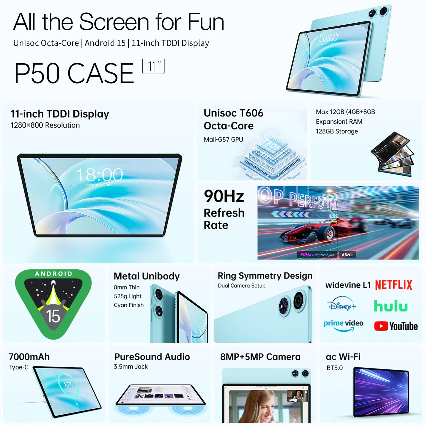 Teclast Tablet P50 Case Android 15 11" T606 8-Core Max 12GB RAM 128GB ROM P50 Case/Keyboard/Mouse/Stylus/Headphone/Stand.