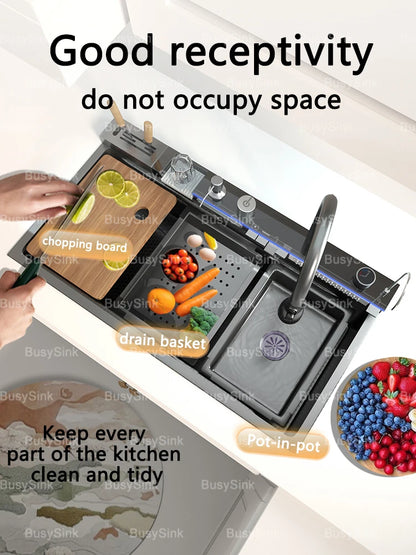 Stainless Steel Kitchen Sink Waterfall Wash Vegetables Basin Intelligent Digital Display Faucet Dish Wash Bowl Large Single Slot