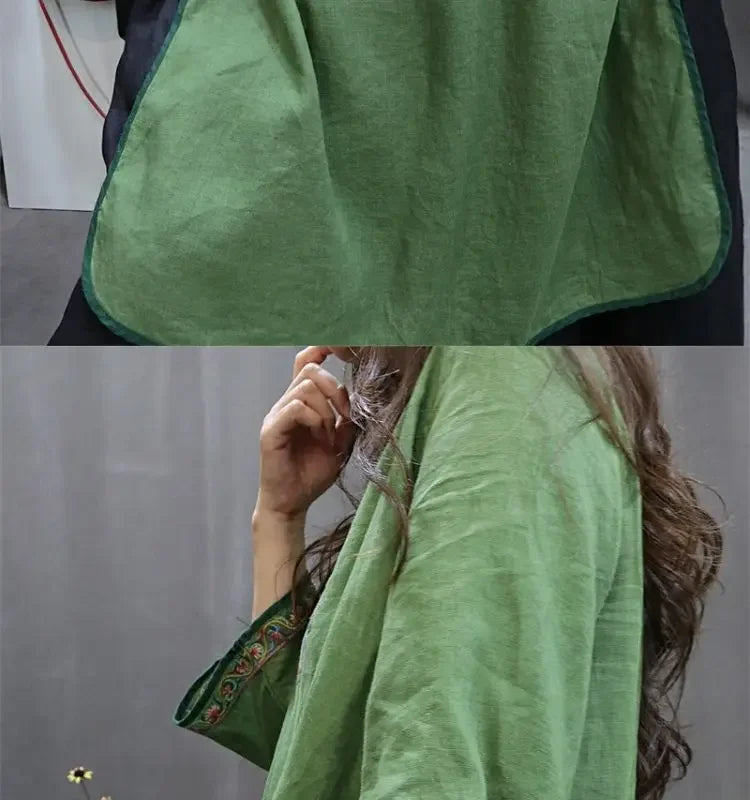 Damen-Bluse im Vintage-Stil aus Baumwolle und Leinen, mittellang, siebte Ärmel, Stickerei, ethnischer Rock mit lockerer Passform, chinesischer Stil.