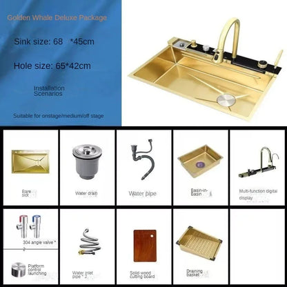 Gold Kitchen Sink Stainless Steel Sink Digital Vegetable Washing Basin, Atmosphere Light, Kitchen Large Single Sink 75cmX46cm