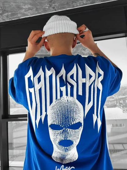 24/25 High-quality American High Street Masked Person Printed T-shirt for Men Oversized Loose Harajuku Short Sleeved Tops.