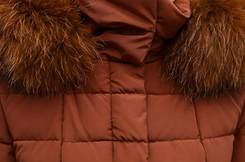 Neue Wintermode Langarm Pelzkragen Reißverschluss Einfarbig Slim Fit Lange Version Dicke Daunenjacke Mit Kapuze Für Frauen, 6 Farben.