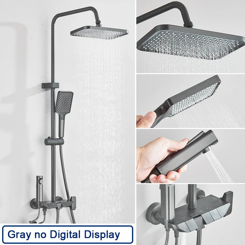 Rozin Black Smart Digital Display Shower Faucet Set Piano Style Rainlfall Bathroom System Grey Digital Mixer Tap Bidet Shower