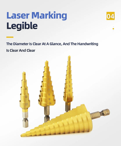 TOOLEYE HSS Titan Stufenbohrer Bühnenbohrer für Metall Holz Hochgeschwindigkeits-Stufenbohrer-Set Elektrowerkzeuge 3-12 4-12 4-20 4-32 mm