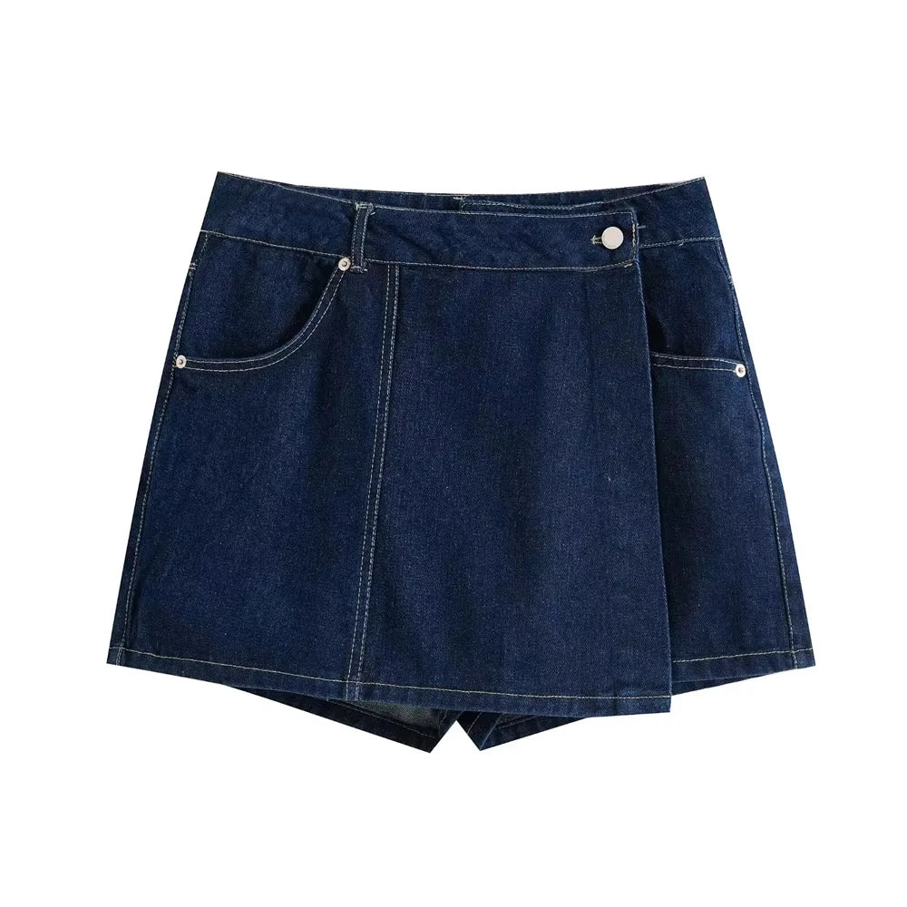 Women Fashion With Pockets Wrap Denim Shorts Skirts High Waist Zipper Fly Female Skort Mujer.