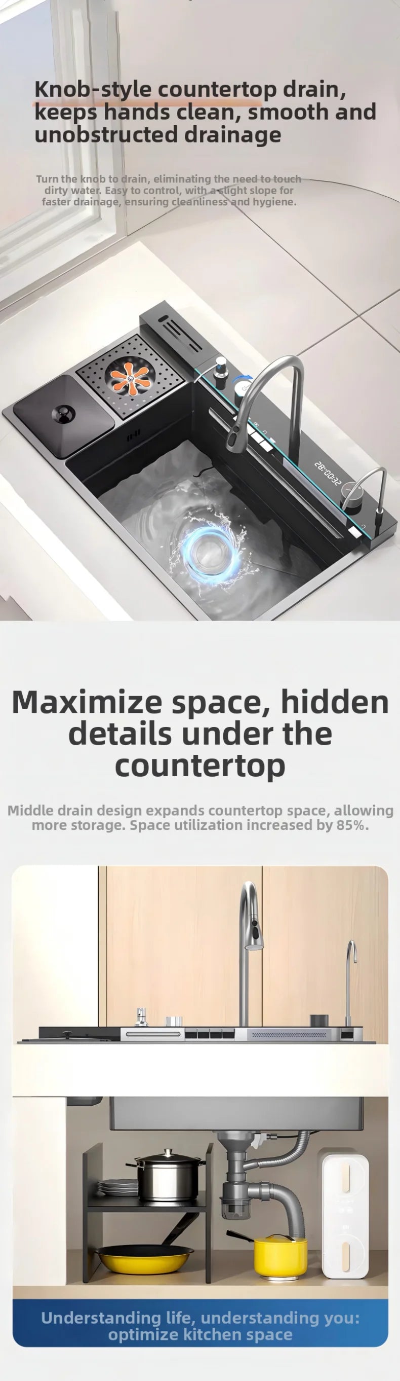 spülbecken küchen new design High-end kitchen sink Knife holder with integrated whale-shaped faucet storage trash can 82*48cm