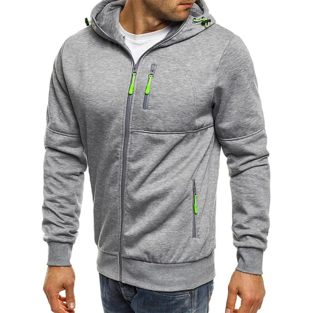 Men's hooded zipper jacket with pockets, custom logo image text, casual sports streetwear, men's cardigan wool sweater, fashion.