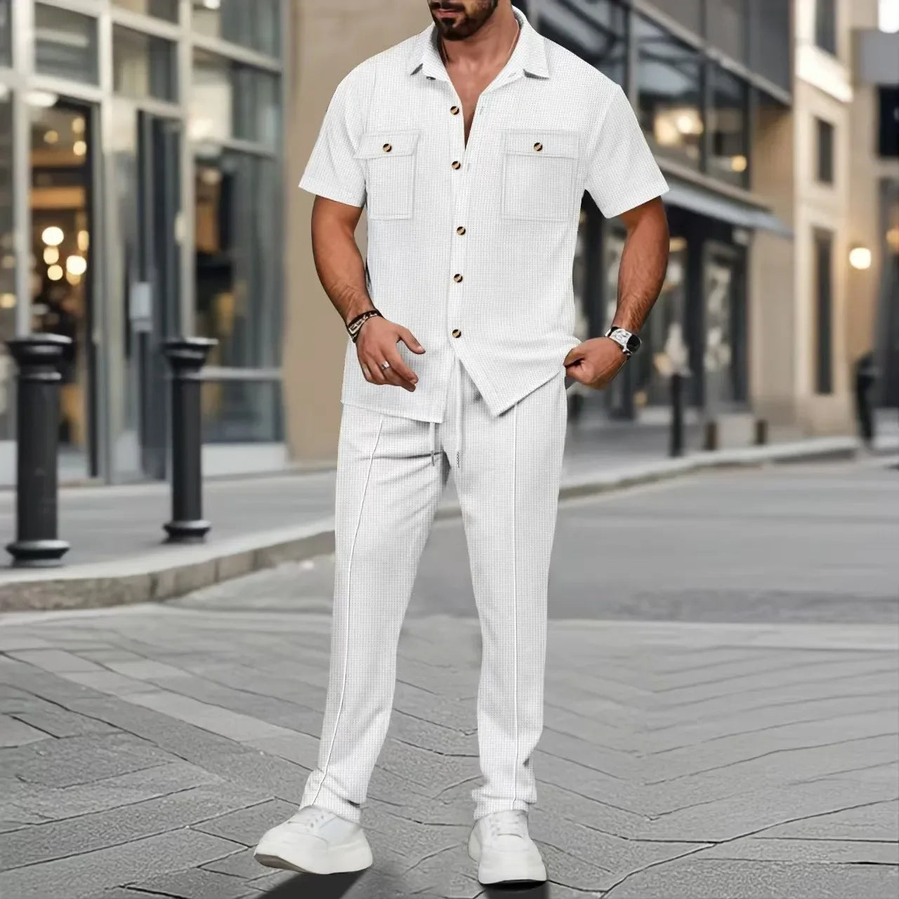Men's Summer New Pure Color Button Pocket Shirt Short Sleeve Long Pants Two-Piece Set Independent Station Cross-Border.