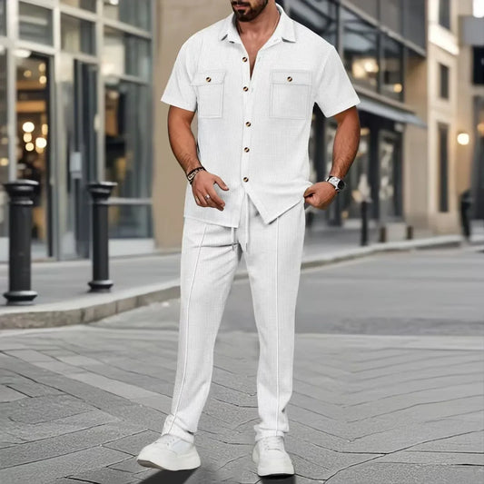 Men's Summer New Pure Color Button Pocket Shirt Short Sleeve Long Pants Two-Piece Set Independent Station Cross-Border.