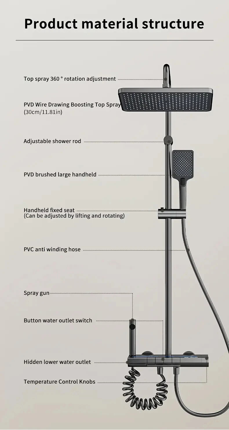 Bathroom Luxury Shower System with Tempered Glass Piano Key Smart Digital Display Thermostat Mixer Shower Faucet Full Set