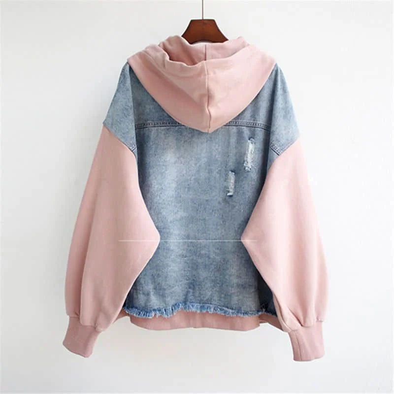 Fake Two-piece Denim Hoodies Coat Women Spring Autumn Trend Cardigan Hoodie Casual Loose Hooded Baseball Jacket Streetwear Woman.