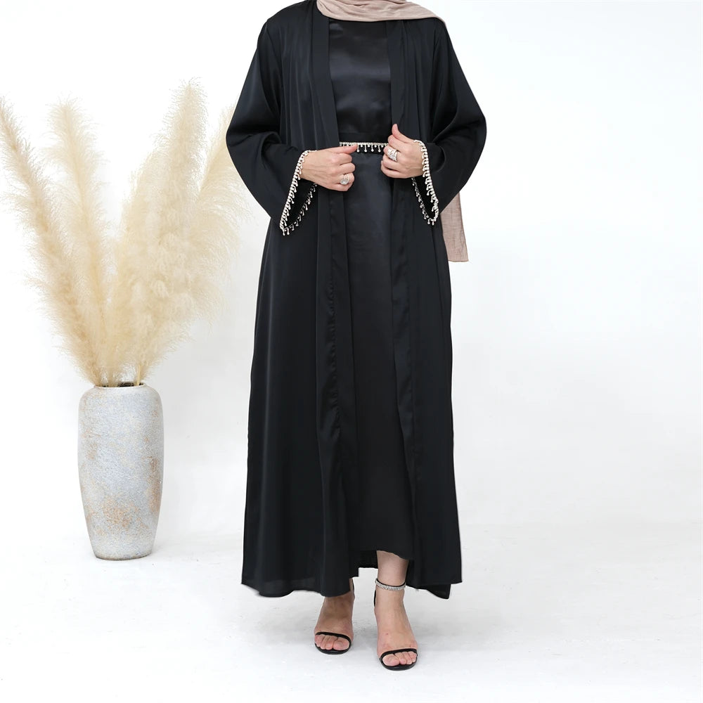 Ramadan Kebaya Chain Satin Kimono 2 Piece Abaya Set Turkey Islam Dress Muslim Sets Abayas For Women Robe Femme Musulmane Kaftan.