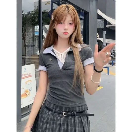 Slim Fit Short Sleeve Polo Neck T-Shirt Women's Summer Fashion Two-Piece Set Heavy Industry Korean Style Spicy Girl Top.