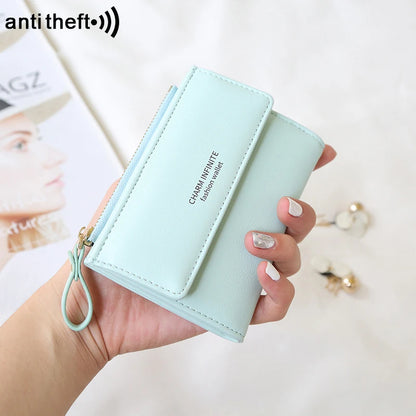 RFID Anti-Theft Short Card Bag for Women, Brush, PU, Solid Color, Zipper Buckle, Multi-functional Fashion, Small Purse.