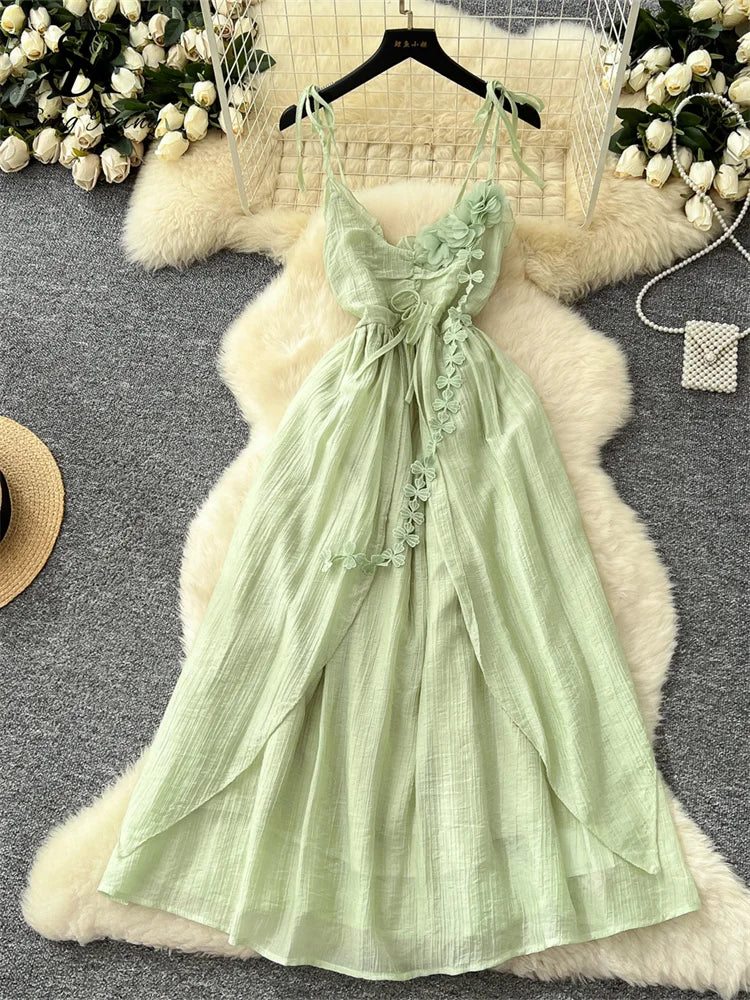 SINGREINY 2025, süßes Sommerkleid für Damen, Spaghettiträger, plissiert, 3D-Blumenmuster, schickes Sommerkleid, Fairycore, unregelmäßiges Kleid