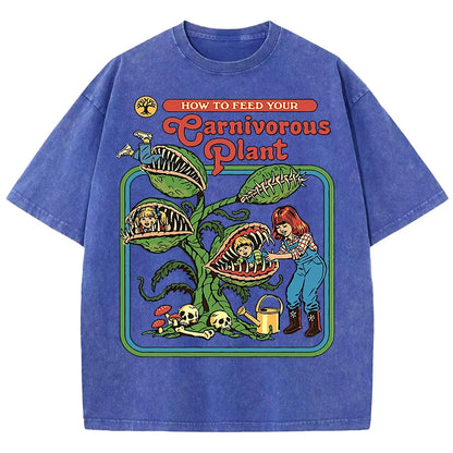 Earnivorous Plant Pattern Washed T-Shirts Men Breathable Cotton Casual T Shirt Soft Summer Comfortable Crewneck Short Sleeve.