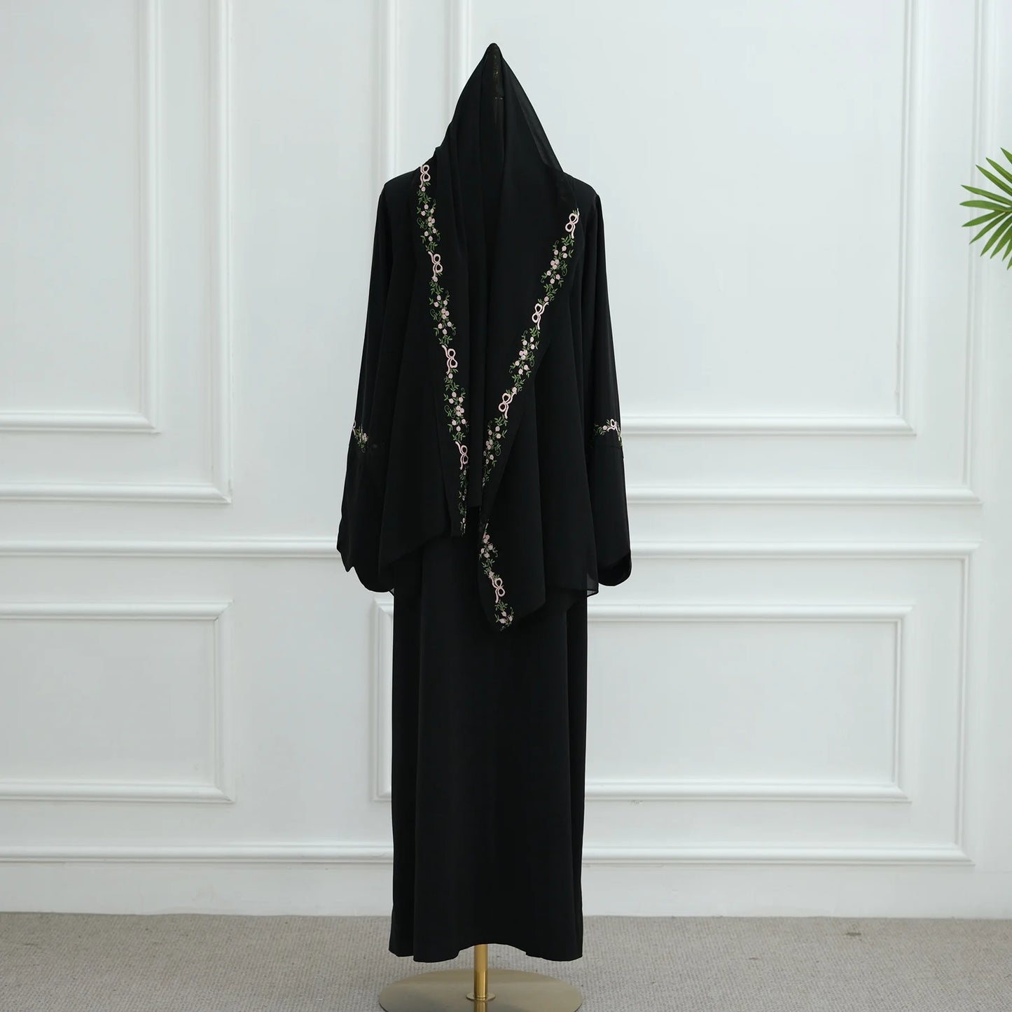 Front Open Abaya with Hijab 2 Piece Set Muslim Embroidery Abayas for Women Dubai Modest Islamic Clothing Kaftan Turkish Dresses