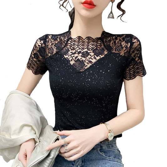 Summer Women Tops Patchwork Bright silk Mesh T shirt Pathcwork Short Sleeve Lace Shirt.