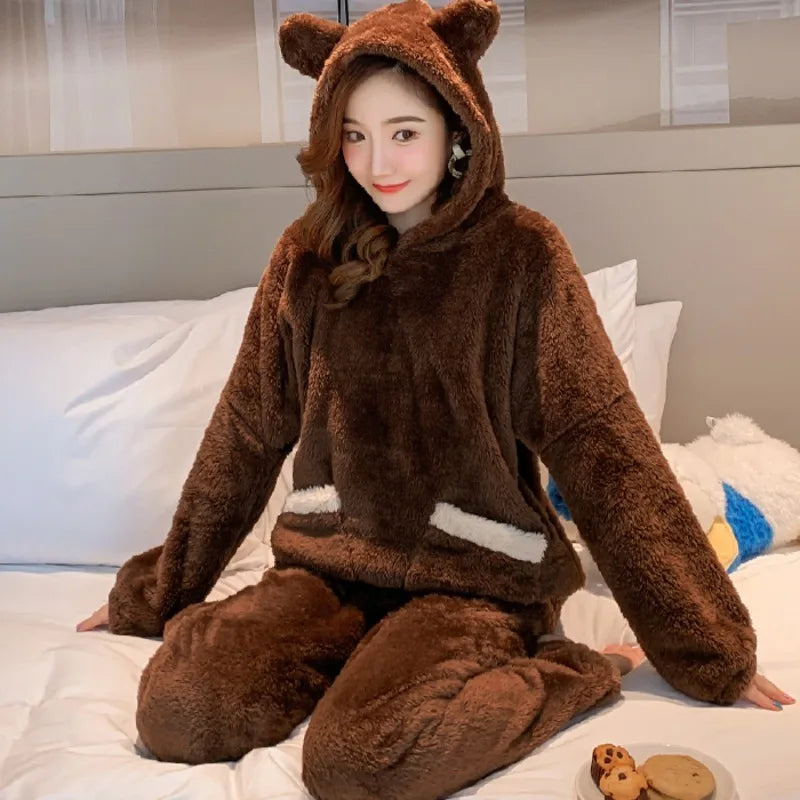 Verdickte warme Flanell Herbst und Winter Frauen Cartoon Plüsch mit Kapuze Bär Nachtwäsche Loungewear zweiteilige solide Nachtwäsche Homewe.