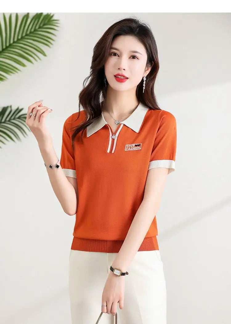 Fashionable polo collar middle-aged and elderly women's loose knitwear thin casual short-sleeved T-shirt.