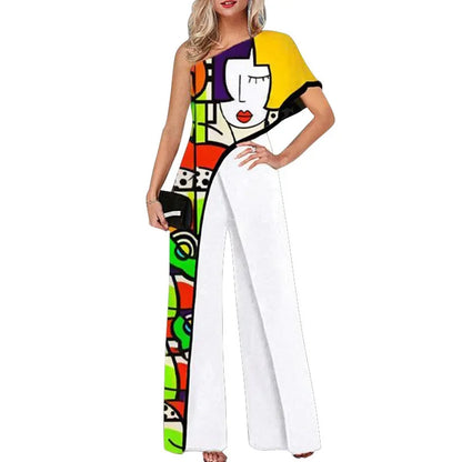Fashionable Printed Pattern Wide Leg Pants Jumpsuit Independent Station Cross Border Spring Summer Women's Clothing.