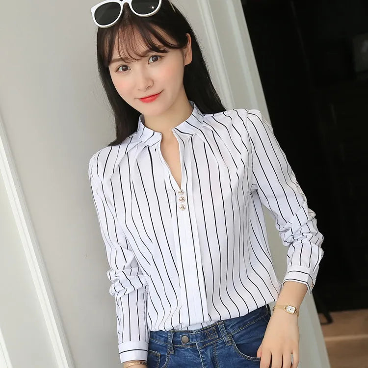 Stripe Women Blouse Fashion Standing Collar Women's Shirt Long Sleeved Shirts and Blouses Printing Ladies Tops Basic Womens Tops