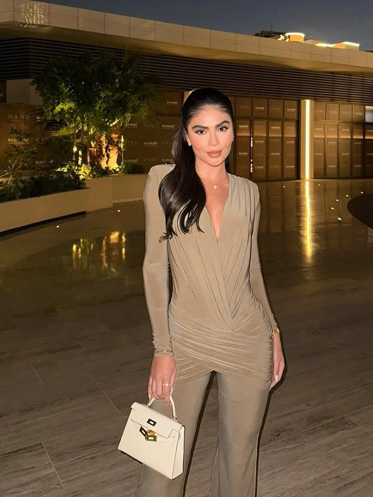 Weird Puss Cross Ruched Jumpsuit Women Patchwork Deep v-Neck Full Sleeve Elegant Skinny Stretch Workout Office Classic Overalls.