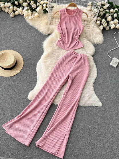 Korean Suits Women's Two Piece Set Summer Slim Fit Sleeveless O-neck Tops High Waist Slits Trousers Two-piece Suit Female D1109