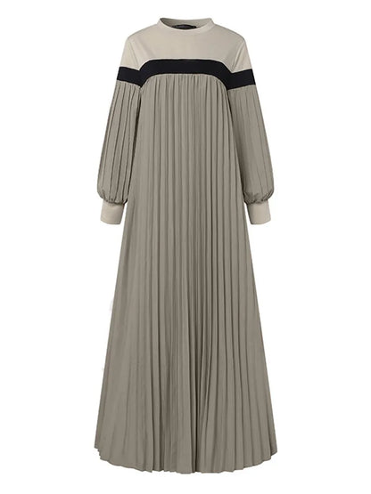 ZANZEA Autumn Women Muslim Dress Turkey Abaya Elegant Long Lantern Sleeve Patchwork Sundress Pleated Vestidos Islamic Dubai Robe